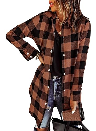 EVALESS Color Block Plaid Shirt Jacket Women V Neck Long Sleeve Button Down Blouses Tops Fall Shirts Jackets - X-Large - 1b Brown