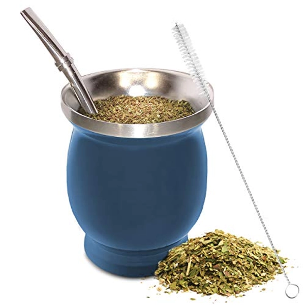 Yerba Mate Natural Gourd/Tea Cup Set Blue (Original Traditional Mate Cup - 8 Ounces), Includes Bombilla (Yerba Mate Straw) & Cleaning Brush, Blue Stainless Steel, Double-Walled, Easy to Clean
