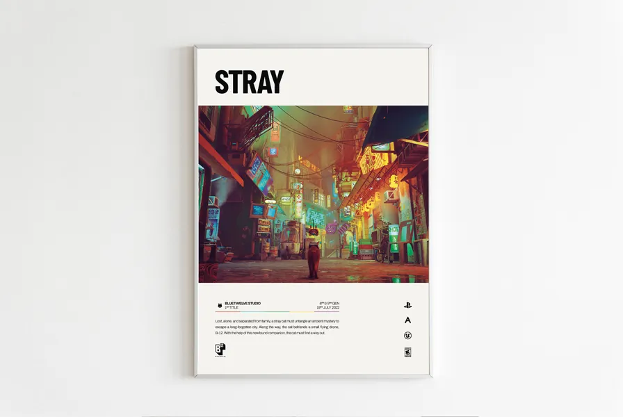 Stray (2022) - Video Game Poster Art, Minimalist Design, BlueTwelve Studio