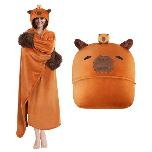 Mewaii Wearable Oversized Blanket Hoodie for Adults, Kawaii Capybara Blanket Hooded Cloak, Warm and Cozy Flannel Cute Capybara Plush Animal Blanket Hoodie, Warm Birthday Blanket Gifts for Women Males - Brown Capybara