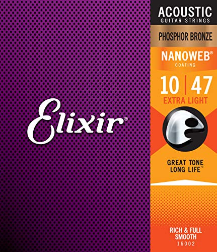 Elixir Strings Phosphor Bronze Acoustic Guitar Strings w NANOWEB Coating, Extra Light (.010-.047) - Ex. Light (.010-.047) - Single Set - Guitar Strings