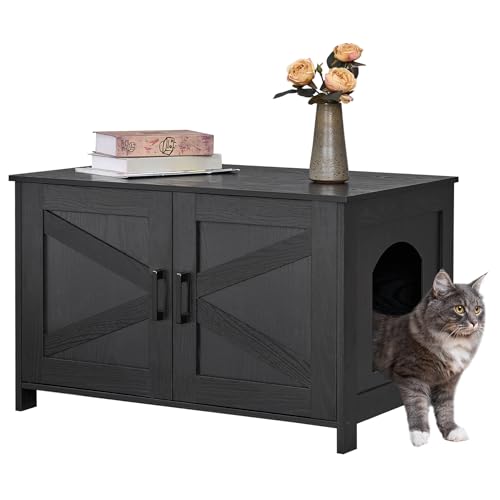 Homhedy Cat Litter Box Enclosure,Litter Box Furniture Hidden with Barn Door,Wooden Cat Washroom Furniture,Cat House,Fit Most of Litter Box, Black - 31.5”L x 19.7”W x 19.7”H - Black