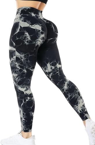 CROSS1946 Women Seamless Leggings High Waisted Scrunch Butt Lifting Workout Gym Yoga Pant - Medium - #2 Smile Booty Tiedye Black