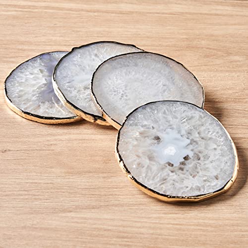 White Agate Coasters for Drinks, Crystal Coasters with Gold Edge 3.5-4", Geode Coaster Set of 4, Gemstone Natural Stone Coasters for Coffee Table, White Agate Slices Cup Mat for Home Decor - 3.5-4" - White
