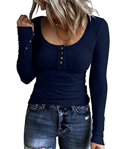 KINLONSAIR Women’s Long Sleeve Henley T Shirts Button Down Slim Fit Tops Scoop Neck Ribbed Knit Shirts - Navy - Medium