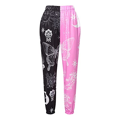 Amuver Women's Boho Hippie Harem Pants High Smocked Waist Printed Patchwork Sweatpants Yoga 90S Goth Baggy Casual Trousers - Medium - Black Pink