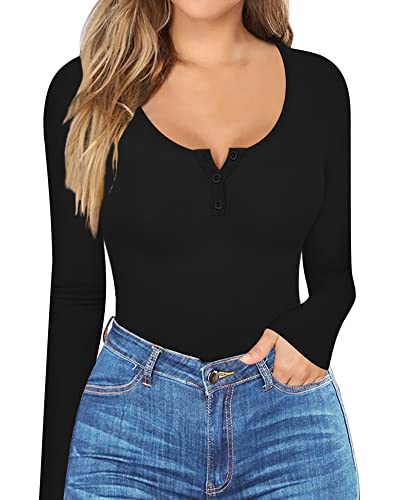 HERLOLLYCHIPS Womens Long Sleeve Tops Scoop Neck Henley Button Down Ribbed Fitted Sexy Casual Fall Winter Tee T-Shirts Tshirt - Medium - A Black