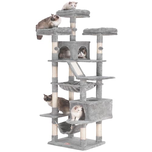 Heybly Cat Tree, 73 inches Tall Cat Tower for Large Cats 20 lbs Heavy Duty for Indoor Cats,Big Cat Furniture Condo for with Padded Plush Perch, Cozy Basket and Scratching Posts Light Gray HCT030W - 73 inch - Light Gray