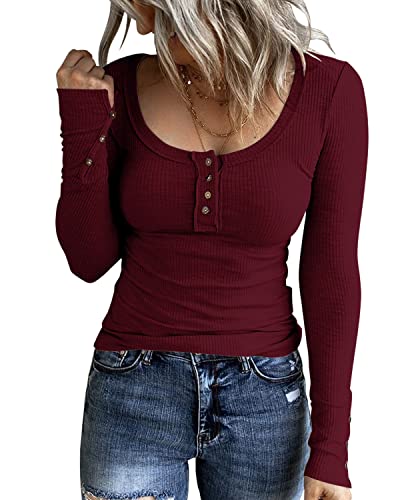 KINLONSAIR Women’s Long Sleeve Henley T Shirts Button Down Slim Fit Tops Scoop Neck Ribbed Knit Shirts - A1-burgundy - Medium