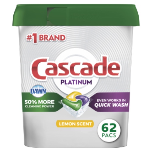 Cascade Platinum Dishwasher Pods, ActionPacs Dishwasher Detergent, Lemon, 62 Count