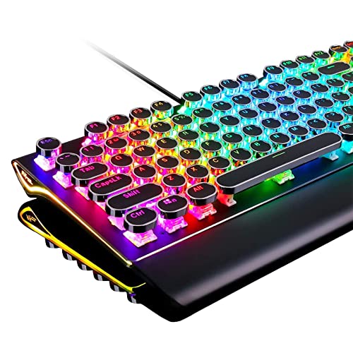 RK ROYAL KLUDGE S108 Typewriter Keyboard, Retro Mechanical Gaming Keyboard Wired 108 Keys with RGB Backlit Sidelight, Detachable Wrist Rest, Round Keycaps Blue Switches - Black