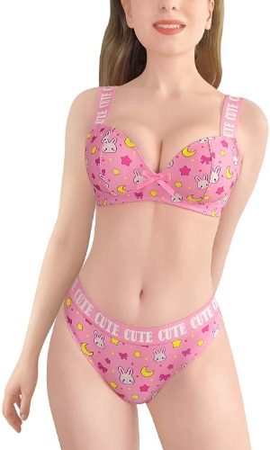Littleforbig Women Nightwear Strap Sleepwear Cami Top and Thong Bralette Set - Usagi Sporty - Small Pink