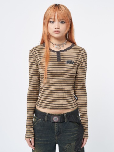 Brownie Half Button Striped Rib Top | S / Brown