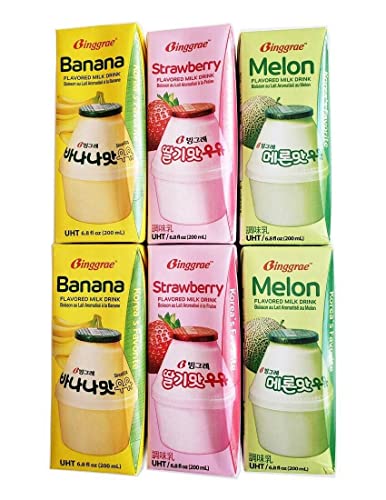 Binggrae Variety Banana, Strawberry, Melon Flavored Milk Drink 6 Packs - Variety - 6.8 Fl Oz (Pack of 6)