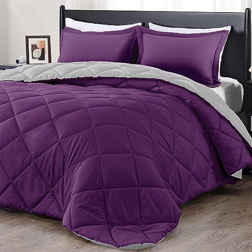 downluxe Queen Comforter Set - Purple and Grey Queen Comforter, Soft Bedding Comforter Sets for All Seasons, Queen Bed Comforter Set - 3 Pieces - 1 Comforter (88"x92") and 2 Pillow Shams(20"x26") - Purple/Grey - Queen