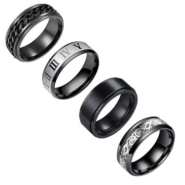 yfstyle 4PCS Plain Band Rings for Men Stainless Steel Rings for Men Wedding Ring Cool Spinner Rings for Men Black Stainless Steel Ring Set Anxiety Ring Fidget Size 6-12 - black set 10