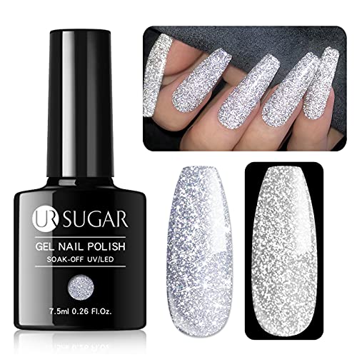UR SUGAR Reflective Glitter Gel Nail Polish, Silver Glitter Gel Polish Sparkling Shimmery Diamond Soak Off UV Gel Nail Varnish, Silver Glitter Nail Gel Manicure for Halloween Holiday Set Gift - silver
