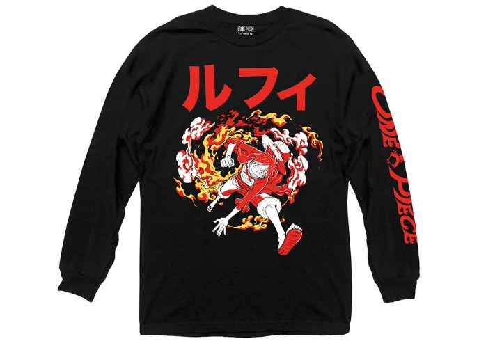 Ripple Junction One Piece Adult Luffy Smoke Fire Heavy Weight 100% Cotton Long Sleeve - Medium Black