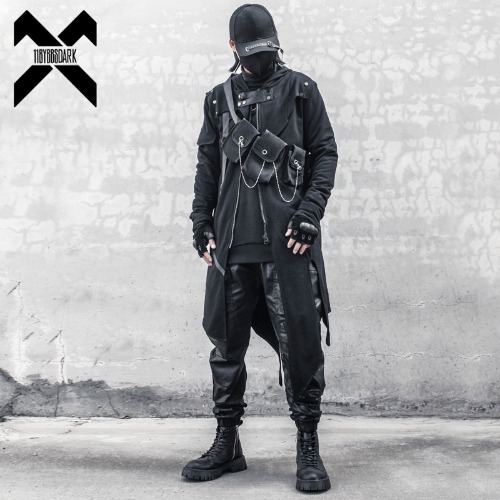 Black Long Hooded Trench Coat Windbreaker Men 2022 Autumn Irregular Hem Hoody Jacket Punk Gothic Hip Hop Streetwear Men Clothing