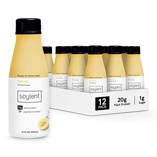 Soylent Banana Meal Replacement Shake, Ready-to-Drink Plant Based Protein Drink, Contains 20g Complete Vegan Protein and 1g Sugar, 14oz, 12 Pack - Banana