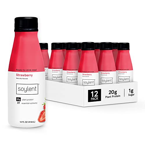 Soylent Strawberry Meal Replacement Shake, Ready-to-Drink Plant Based Protein Drink, Contains 20g Complete Vegan Protein and 1g Sugar, 14oz, 12 Pack - Strawberry