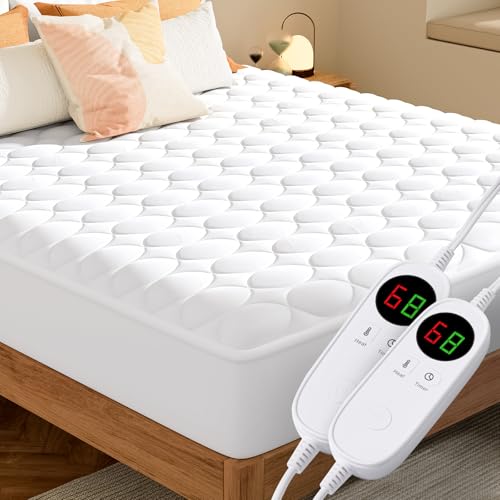 MASVIS Heated Mattress Pad Queen Size with Dual Control - Quilted Electric Mattress Pad Cover - Auto Shut Off Electric Bed Warmer with Deep Pocket, Machine Washable, White - White - Queen