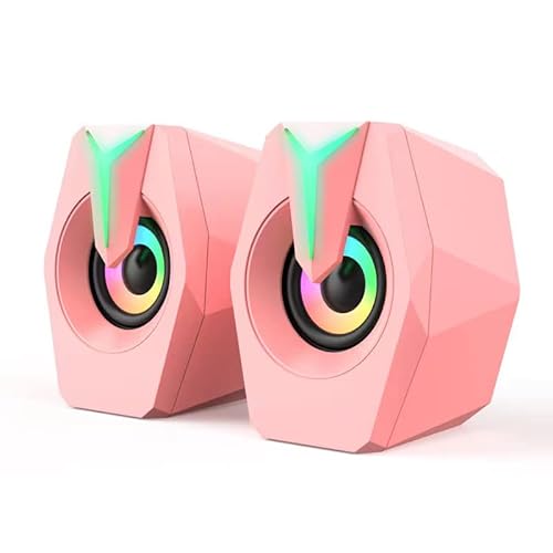 Computer speaker RGB pink game led speaker for PC 2.0 Wired USB powered stereo volume control Dual channel multimedia AUX 3.5mm for laptop desktop display, 6W - Pink