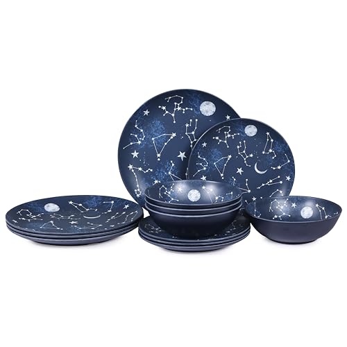 Gofunfun 12 Piece Melamine Dinnerware Sets for 4 - Starry Pattern Camping Dishes Set for Indoor and Outdoor Use, Dishwasher Safe Plates and Bowls Sets, Dark Blue - Service for 4 - Constellation