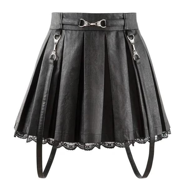 Littleforbig Women's A-Line Pleated Faux Leather Flared Casual Lace Trim Mini Skirts - Troublemaker - Black Medium