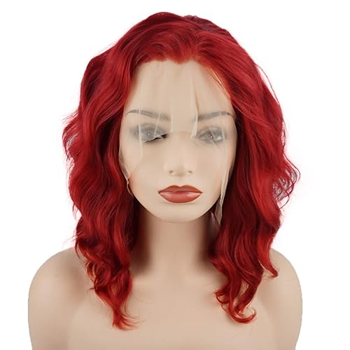 Meiyite Hair Curly Short 14inch Red Heavy Density Realistic Synthetic Lace Front Wigs