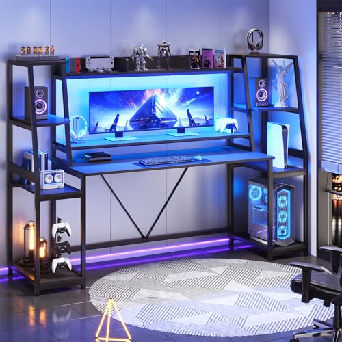 SEDETA Gaming Desk 78.8'' with LED Lights, Hutch and Storage Shelves, Computer Desk with Monitor Stand, Large PC Gamer Desk Workstation, Ergonomic Gaming Table for Bedroom, Living Room, Black - Black