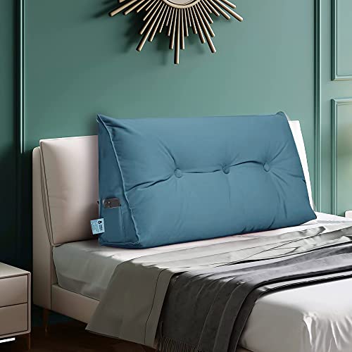 Gorilla Gadgets Large Reading Bed Rest Pillow - Triangular Headboard Wedge Pillows, Backrest Positioning Support, Extra Filling with Washable Velvet Cover - Blue - Twin (39x8x20 Inches)