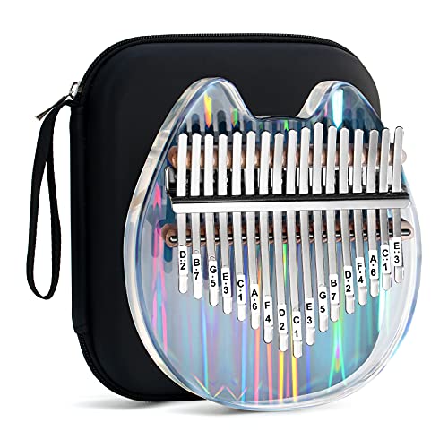 Beveetio Clear Kalimba Thumb Piano With Eva Protective Case, Transparent Crystal Kalimba 17 Key, Musical Instrument Gifts For Kids, Cat Shape Finger Piano, Acrylic Mbira - Rainbow & Cat