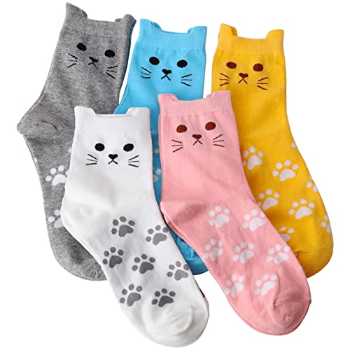 Gaoport 5 Pairs Cat Socks Women,Animal Cute Socks for Women,Funny Christmas Gifts for Cat Lovers - One Size - Multicoloured Cat a