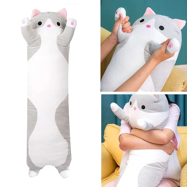 Runing Pet Cat Soft Plush Long Throw Pillow Plush Cat Doll Soft Stuffed Small Cat Pillow Cat Cushion Toy for Kids Girlfriend, Gray, 43.30 Inch, (6A14G632CGP58PQJ) - Gray 43.30 Inch