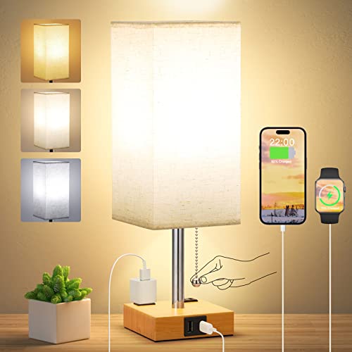 Bedside Lamp with 3 Color Modes - Table Lamp for Bedroom with USB C+A Charging Ports, 2700K-5000K Nightstand Lamp with USB Port and Outlet, Small Table Lamp for Bed Side Guest Room Living Room Nursery - A. Beige Shade and Wood Base