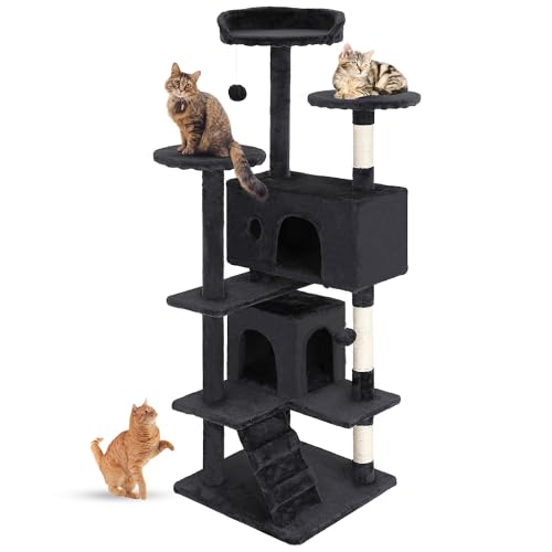 FDW Cat Tree 54in Cat Tower Multi-Level Durable Cat Scratching Post & Cozy Fun Cat Jumping Platform Space Saving Cat Condo Pet Play House for Indoor Cats,Dark Gray - Dark Gray - 54in