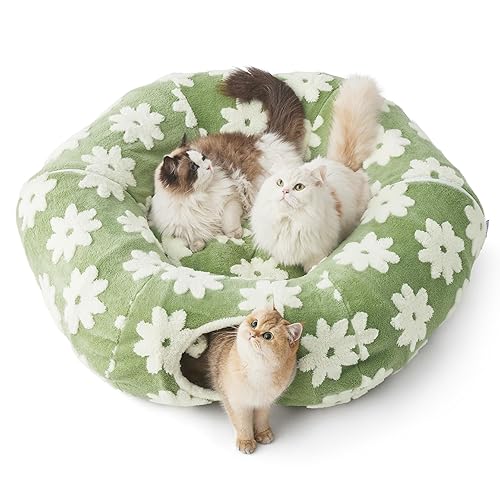 Lesure Large Cat Tunnel Bed for Indoor - Cute Cat Donut Tunnel with Washable Circle Cushion, Round Pet Peekaboo Cave Toy for Kitten/Puppy/Rabbit, Green - Large - Green