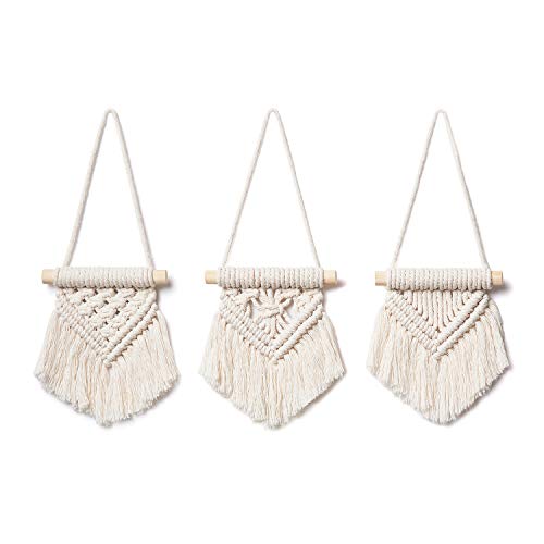 Mkono Mini Macrame Wall Hanging Set of 3 Cute Boho Christmas Tree Decoration Car Ornaments Woven Art Decor for Nursery Bathroom Bedroom Living Room Dorm Home Idea, 3.5''W x 4''H, X-Small - Small