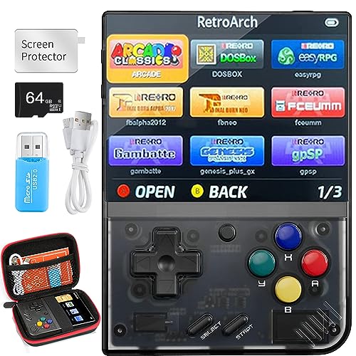 Miyoo Mini Plus,Retro Handheld Game Console with 64G TF Card,Support 10000+Games,3.5-inch Portable Rechargeable Open Source Game Console Emulator with Storage Case.(Black) - 64G - Black