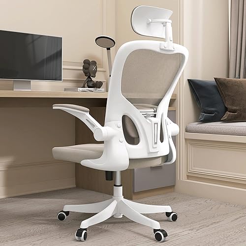Monhey Ergonomic Office Chair with Adjustable Lumbar Support & Headrest, Flip-Up Armrests, High Back Design, Breathable Mesh, Height Adjustable, Warm Taupe, Perfect for Home Office & Desk Use - White+khaki-1