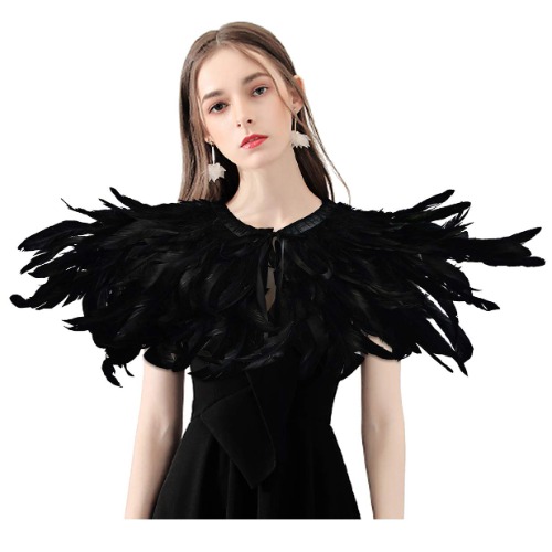 HOMELEX Gothic Black Natural Feather Cape Shawl with Choker Collar - Style-2
