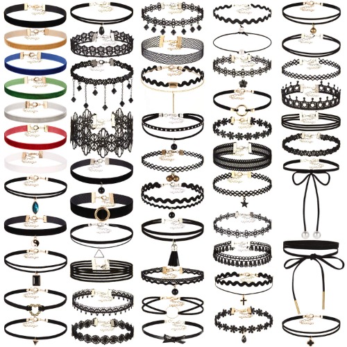 52 PCS Choker Necklace, K&Q Classic Colorful Gothic Collar Choker Necklace And Black Cute Lace Velvet Choker Necklace Set for Girls and Women - 52 PCS