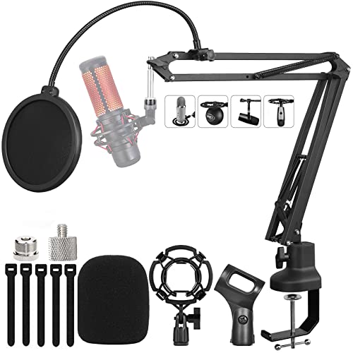 Luling Arts Boom Arm Suspension Mic Heavy Duty Microphone Arm for Blue Yeti, Hyperx Quadcast, Adjustable Boom Mic Stand Desk with Pop Filter, 1/4“-3/8“-5/8“ Adapter, Mic Mounts,Broadcast - Upgraded boom arm