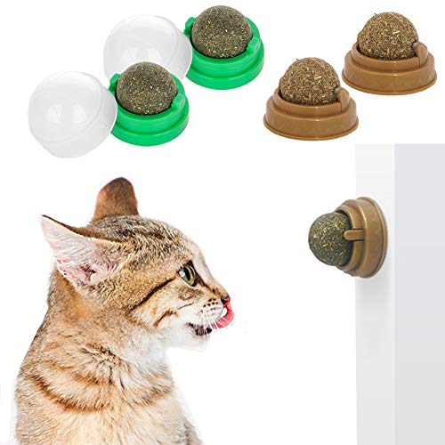 4 Pack Catnip Balls, Natural Catnip Toys Rotating Interactive Cat Toys, Self-Adhensive Wall Mounted 360 Degree Rotatable, Teeth Cleaning Catmint Toy for Cat Kitten Kitty