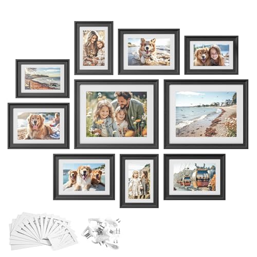 SONGMICS Picture Frames with 16 Mats, Set of 10, Collage Photo Frames with Two 8x10, Four 5x7, Four 4x6 Frames, Hanging or Tabletop Display, MDF and Glass, 12 Non-Trace Nails, Ash Black URPF049B01 - Ash Black