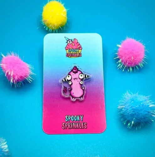 Sp00kySprinkles Cute little pink monster acrylic art pin with rubber backing