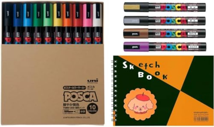 Uni-ball Posca PC5M14C Paint Marker Pen - Medium Point - Set of 14 with original cute puppy sketchbook(PC5M14C)