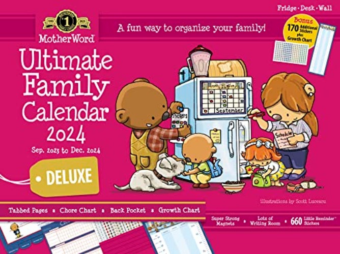 2024 MotherWord Deluxe Magnetic Hanging Calendar and Chore Chart, 16-Month, Sept 2023-Dec 2024, English, Large Deluxe Version, 18" x 13.5" (MWFCT12824) - English - 18" x 13.5" - Large Magnetic with Chore Chart