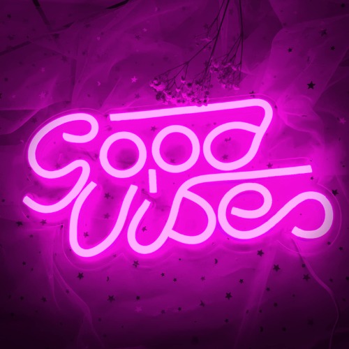 Good Vibes Neon Signs (13" X 7"), Cisteen Led Neon Light Signs with Acrylic Board, Goodvibes Neon Word Light Wall Decor Powered by USB for Bedroom, Makeup Room, Game Room,Bar,Wedding,Party (Pink) - Pink